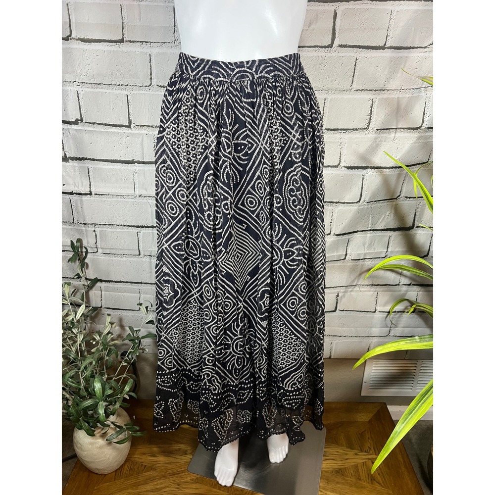 90s Vintage Grunge Bila Black White Geometric Block Print Rayon Maxi Skirt
